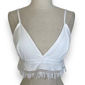 White fringed bikini top, Junior size XL stretch knit summer festival bra top